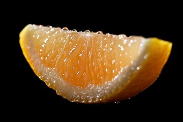 A close-up of a juicy orange slice with droplets.