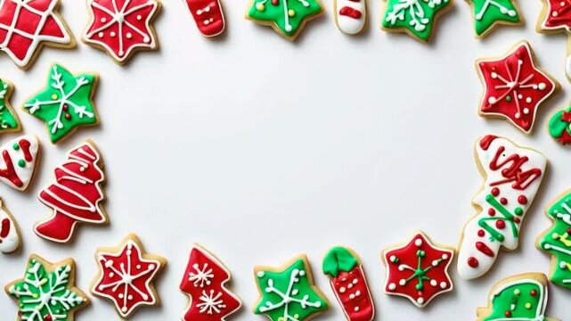 Colorful Christmas cookies arranged in a festive border on a white background.