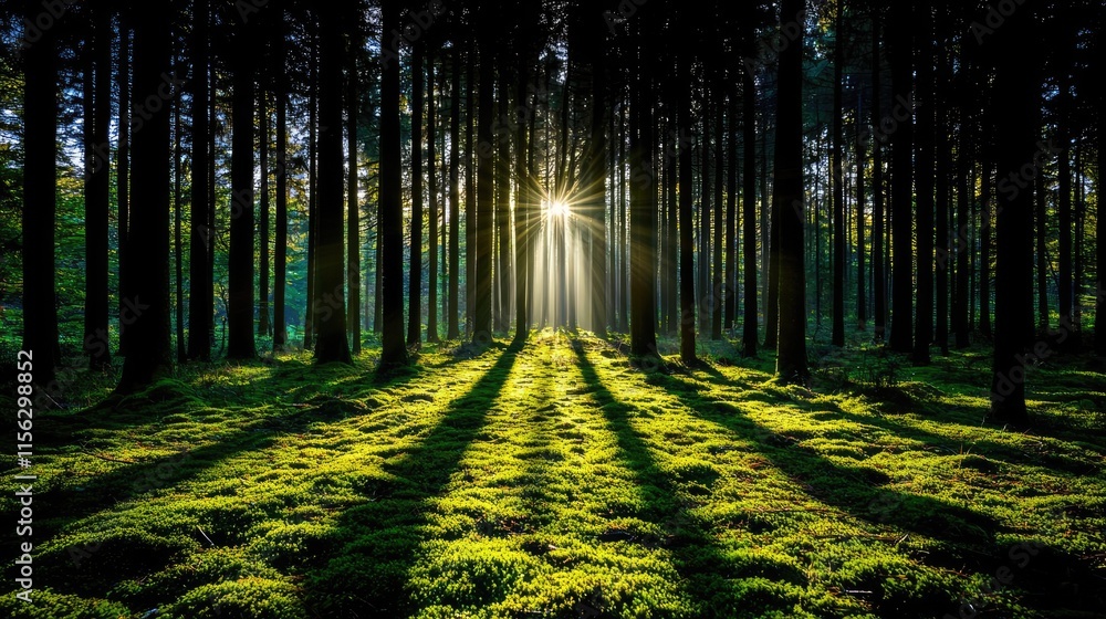 Aufkleber Moss forest concept. Sunlight filters through trees, creating a serene forest scene with lush green moss.