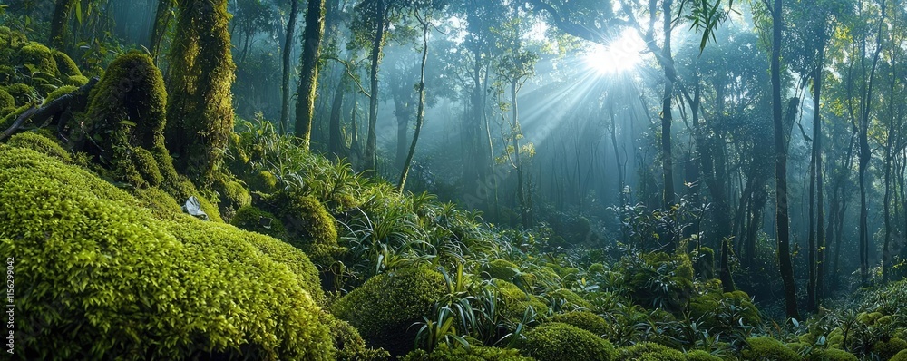 Poster moss forest concept. lush green forest with beams of sunlight filtering through the trees and vibran