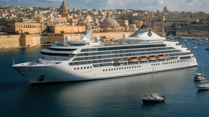 The Seabourn cruise ship in Valletta, with an intricate view of the maritime activity, from small boats to luxury yachts