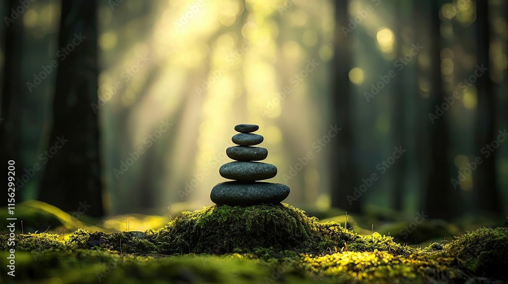 Poster moss forest concept. a serene stack of rocks in the forest, symbolizing tranquility and balance in n