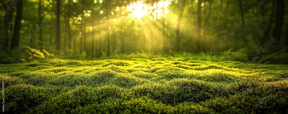 Poster moss forest concept. sunlight filters through trees, illuminating lush green moss in a tranquil fore