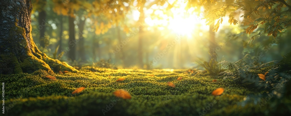 Poster moss forest concept. a serene forest scene with sunlight filtering through trees onto a mossy forest