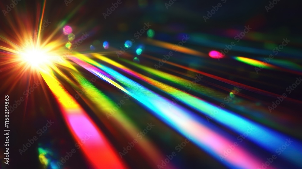 Poster abstract colorful light rays and bokeh background vibrant rainbow spectrum with glowing starburst ef