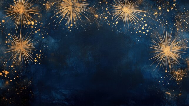 Elegant Gold Fireworks on Deep Blue Background Festive Celebration Design, New Year's Eve, Anniversary, Holiday Texture