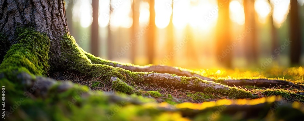 Poster moss forest concept. a tranquil scene of sunlight filtering through trees and illuminating mossy roo