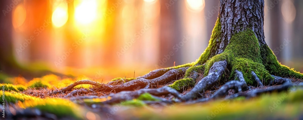 Poster Moss forest concept. Close-up of tree roots surrounded by lush moss in a sunlit forest.