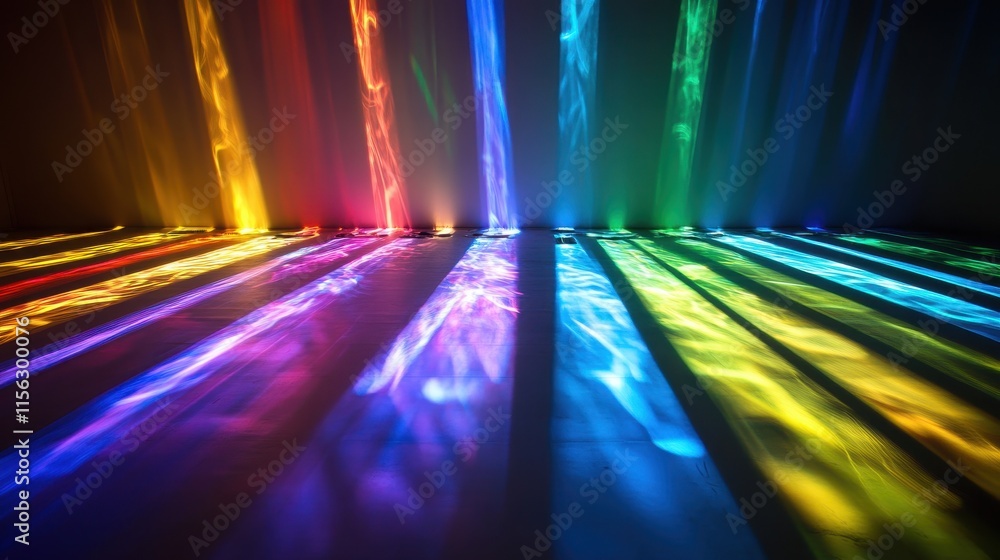 Poster vibrant rainbow light beams casting dynamic shadows on a floor - abstract colorful background image