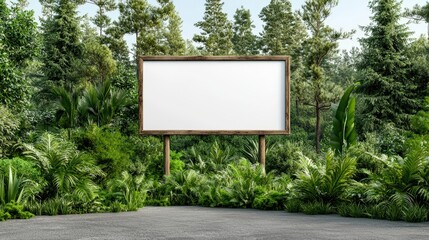Fototapeta premium Empty Billboard Surrounded by Lush Green Jungle Under Bright Sunlight Highlighting Vibrant Nature Creating a Sense of Isolation and Opportunity