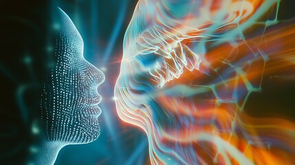 A woman's face is shown in a blue and orange swirl