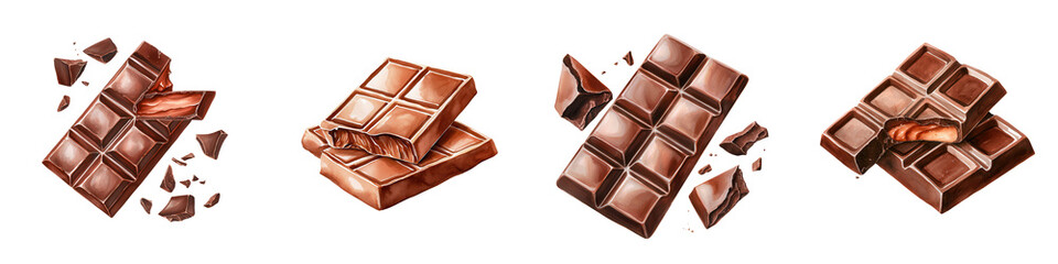 Fototapeta premium Selection of delicious chocolate bars and pieces for irresistible cravings. isolated on transparent background.