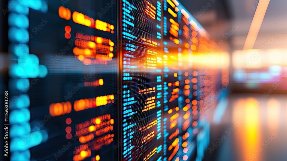 Poster Operation center idea. Abstract digital data visualization with vibrant colors and glowing lines.