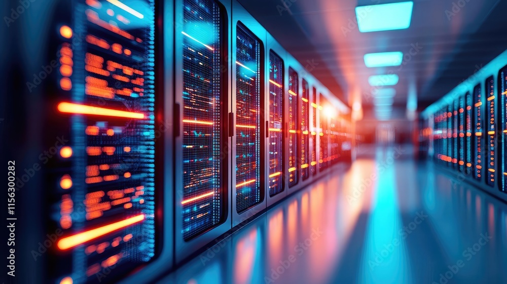 Aufkleber Operation center idea. Futuristic data center showcasing illuminated servers and sleek architecture.