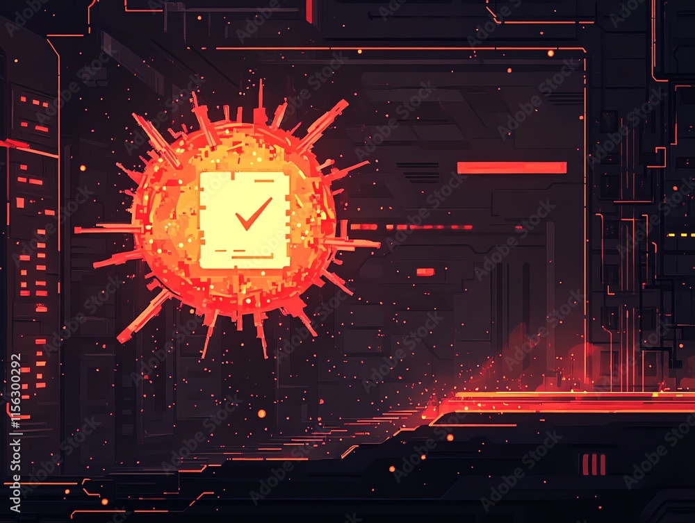 Aufkleber a glowing red sphere with a checkmark inside in a futuristic setting.