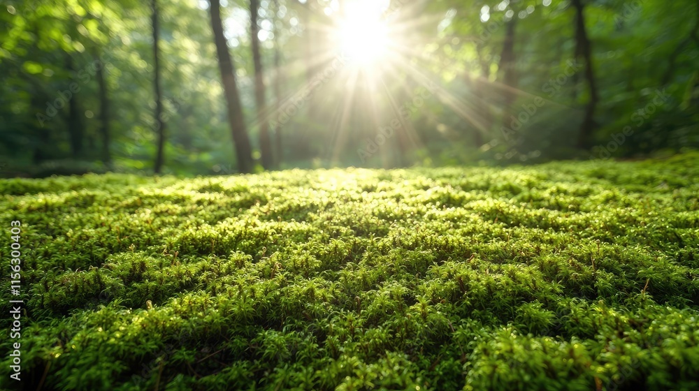 Poster moss forest concept. sunlight filters through trees, illuminating vibrant green moss on the forest f