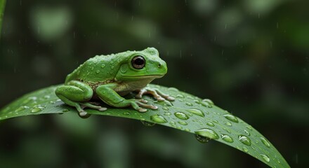 Fototapeta premium Green Tree Frog Perched On Rain Covered Leaf