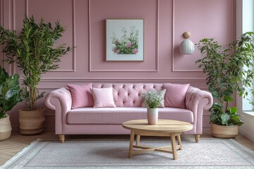 Fototapeta premium Modern Scandinavian Living Room with Pastel Pink and Grey Decor, Wooden Furniture, Plants, Sofa, and Wall Art