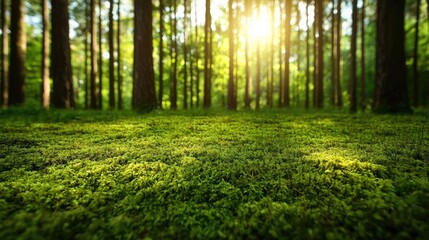 Fototapeta premium Moss forest concept. Sunlight filters through the trees, illuminating a lush green forest floor.