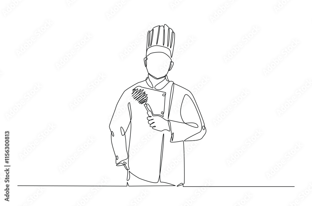 Poster professional chef continuous one line drawing. chef wearing uniform and chef hat in single line art 