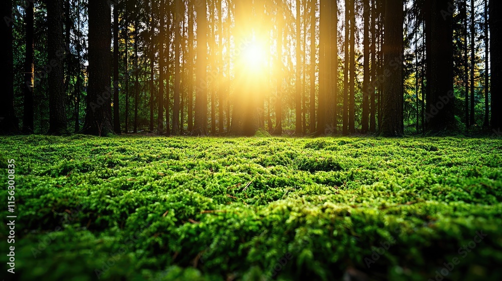 Poster moss forest concept. a serene forest scene with sunlight filtering through trees over lush green mos