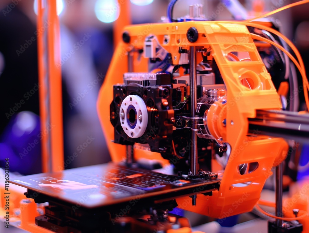 Poster orange 3d printer in action with intricate mechanical details