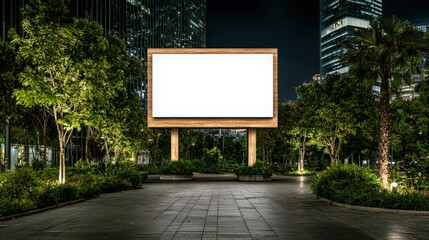 Fototapeta premium Vibrant Urban Park Scene Featuring a Large Colorful Billboard Surrounded by Lush Green Trees and Visitors Enjoying a Sunny Day Outdoors in the City