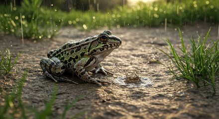 Leopard Frog Sitting In Rain Beside Green Grass