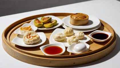 A dim sum platter on a wooden round plate