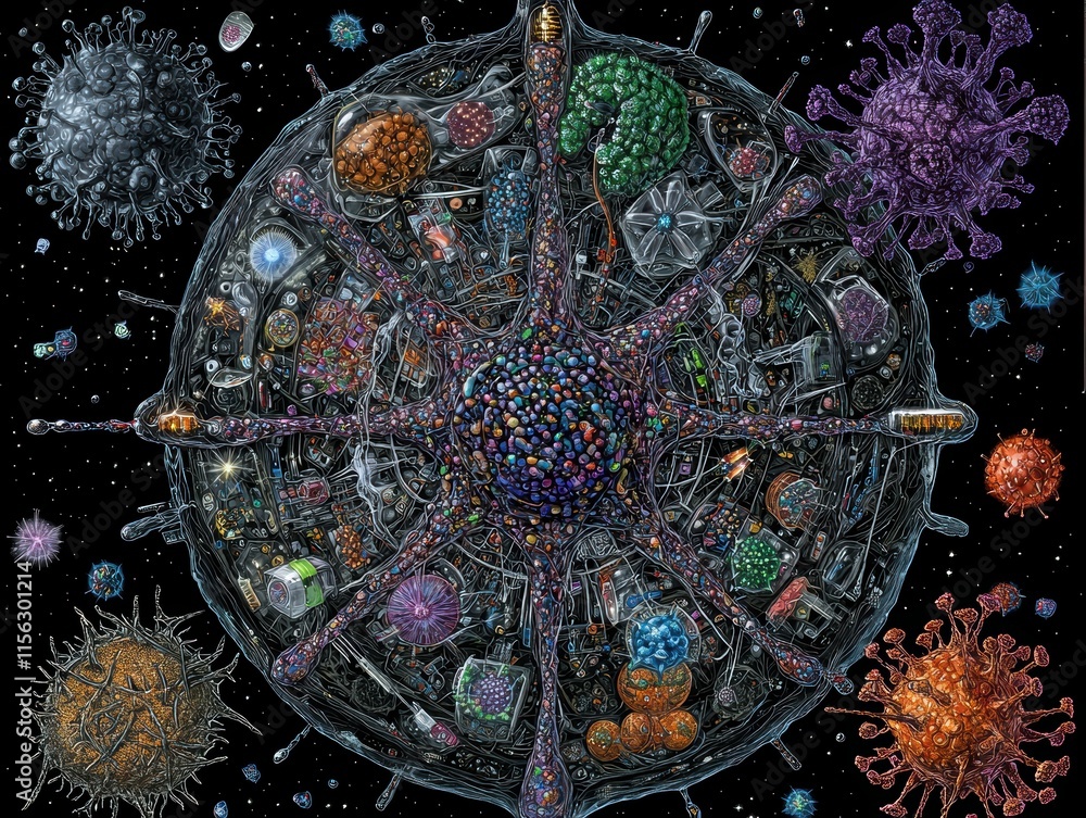 Poster intricate visualization of microscopic life and cellular structures