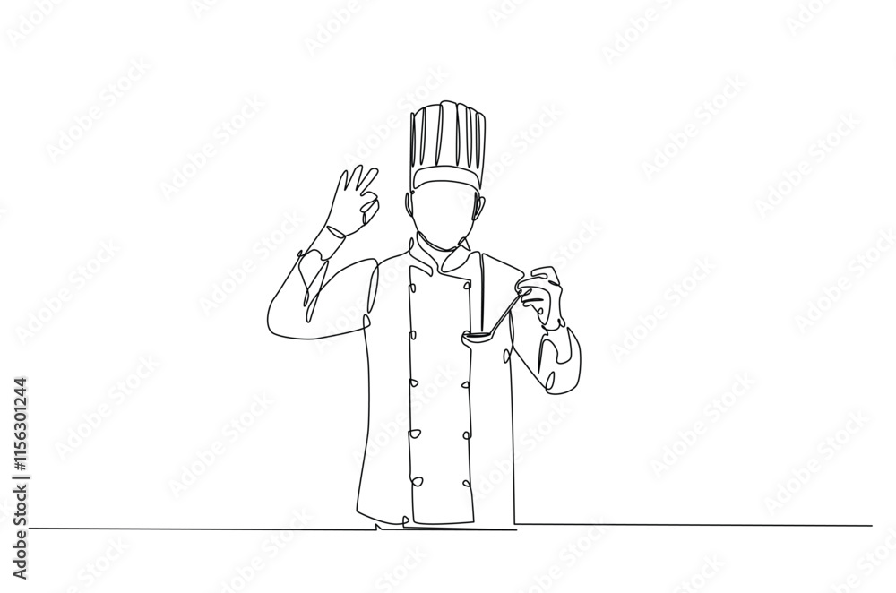 Poster professional chef continuous one line drawing. chef wearing uniform and chef hat in single line art 