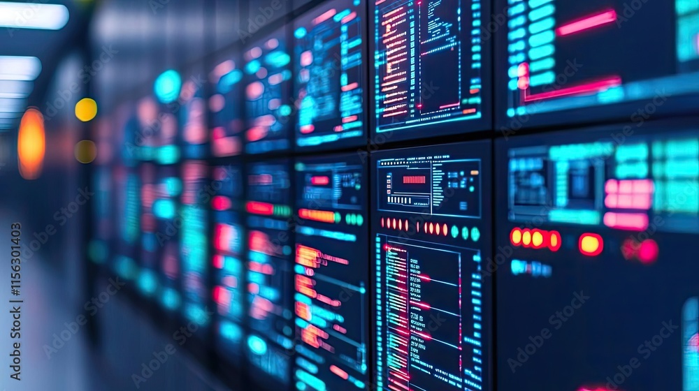 Poster operation center idea. high-tech server room with illuminated data screens and cables.