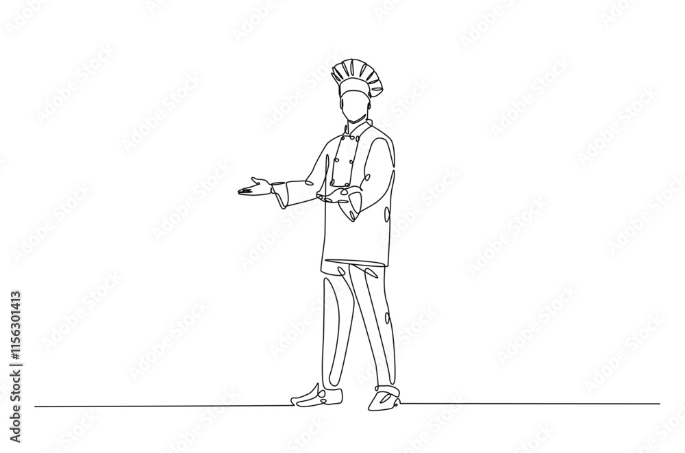 Poster professional chef continuous one line drawing. chef wearing uniform and chef hat in single line art 