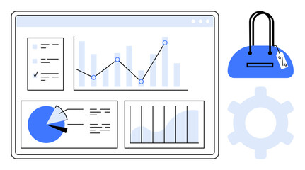 Digital dashboard displaying bar graphs, line charts, and pie charts alongside a shopping bag and gear. Ideal for retail, sales, data analysis, e-commerce, performance tracking, inventory management