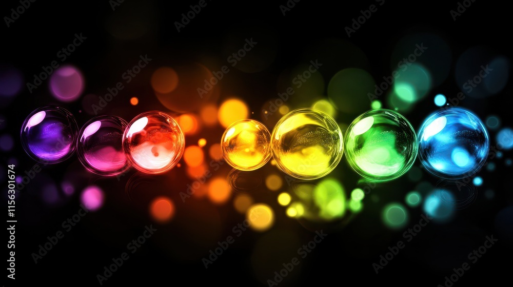 Poster vibrant rainbow spheres on dark background abstract light bokeh image for design