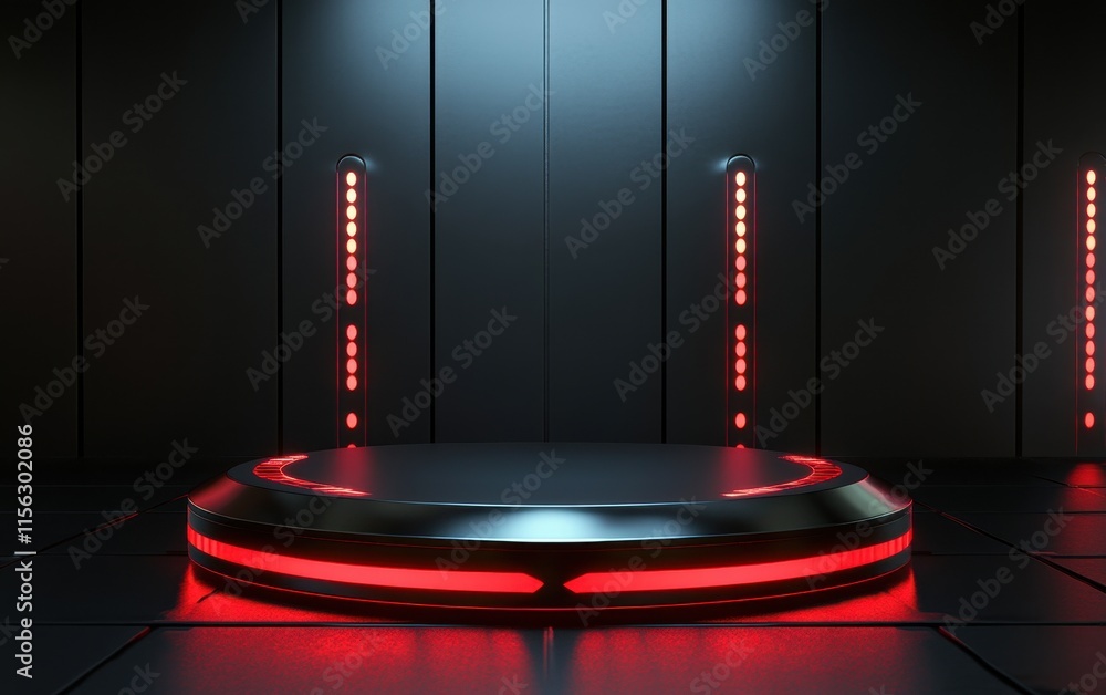 Poster futuristic circular platform with red neon lights in dark industrial setting - 3d render
