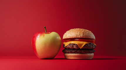 Delicious cheeseburger and fresh apple on a vibrant red background. 