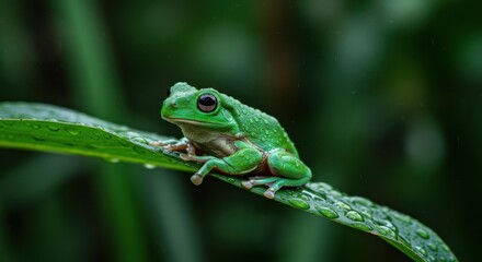 Obraz premium Green Tree Frog Perched on Dewy Leaf in Nature