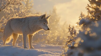 Fototapeta premium Majestic arctic wolf in snowy winter sunset.