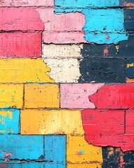 Closeup of a colorful messy painted urban wall texture with a wrinkled glued horizontal poster template, ideal for a modern design mockup with a creative urban city background