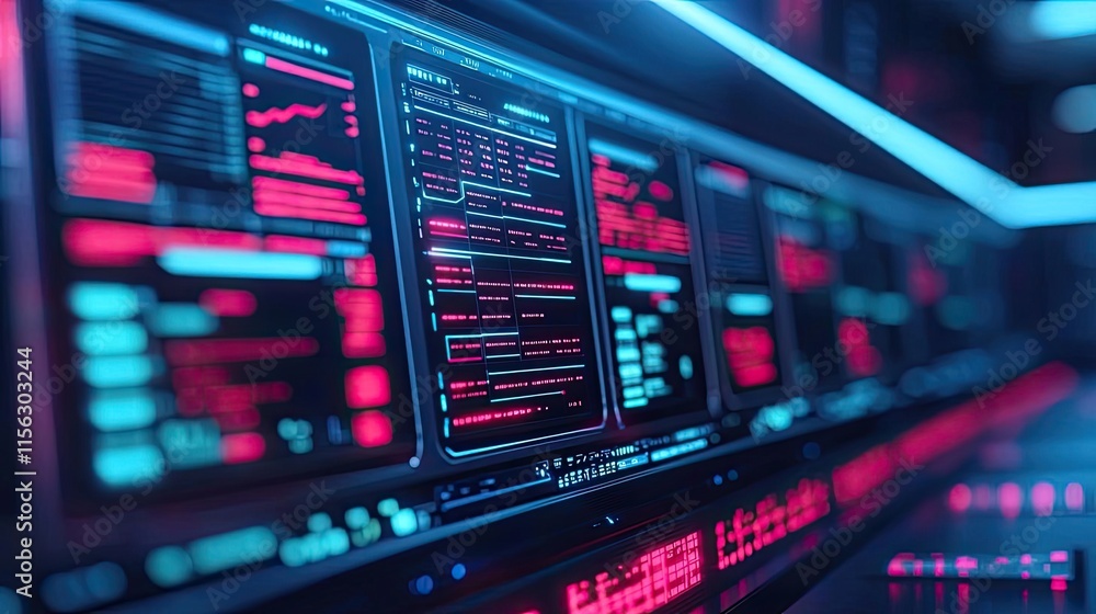 Poster Operation center idea. Futuristic data analysis interface with glowing screens in vibrant colors.
