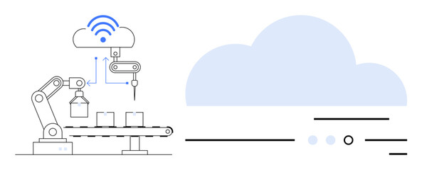 Robotic arm assembling products on conveyor belt, connected to cloud data. Ideal for industry 4.0, IoT, manufacturing automation, smart factories, cloud computing, remote monitoring, digital