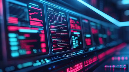 Obraz premium Operation center idea. Futuristic data analysis interface with glowing screens in vibrant colors.