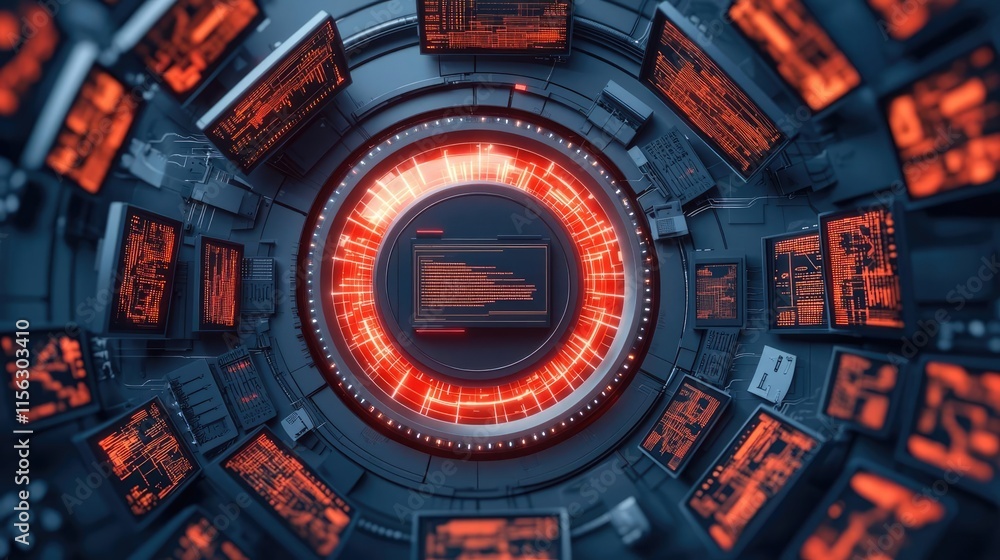 Poster Operation center idea. Futuristic interface with glowing screens showcasing data and analytics in a tech setting.