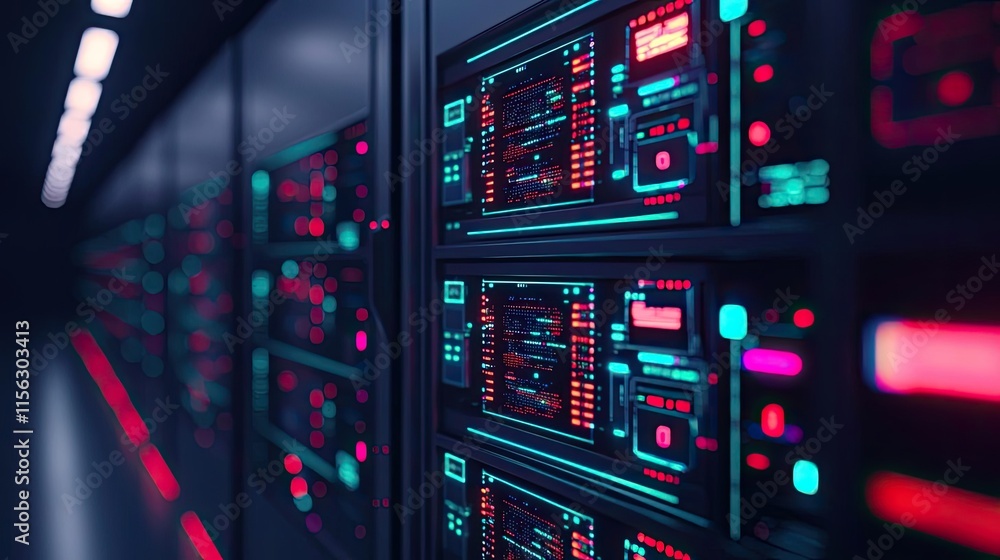 Aufkleber Operation center idea. Close-up view of a modern data center with illuminated server racks and cables.