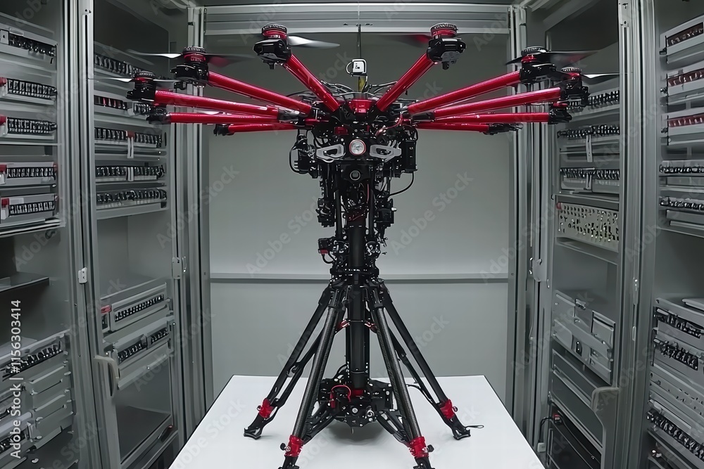 Poster high-tech multirotor drone displayed in modern laboratory environment