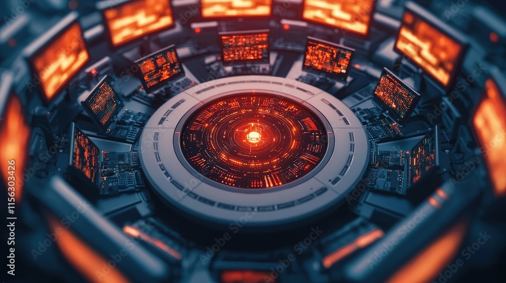 Poster Operation center idea. Futuristic control room with glowing screens and central display for data analysis.