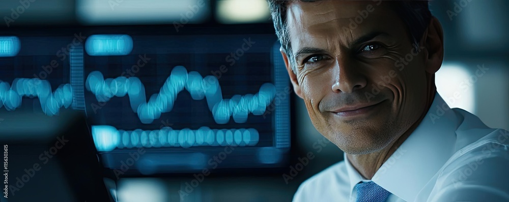 Poster businessman guru concept. confident businessman in office with digital analytics display on backgrou