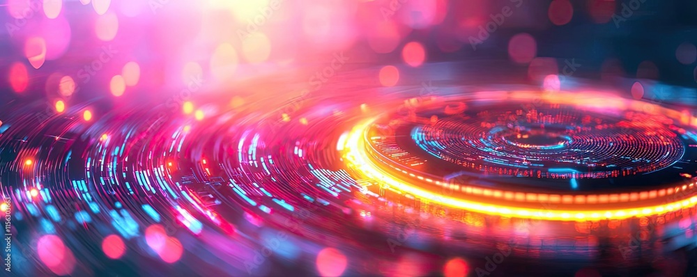 Poster Operation center idea. Vibrant abstract digital background with glowing circles and colorful bokeh effects.