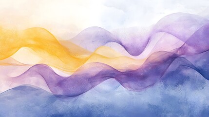 Abstract watercolor flowing layers in gold purple and blue hues creating a serene landscape or undulating terrain.